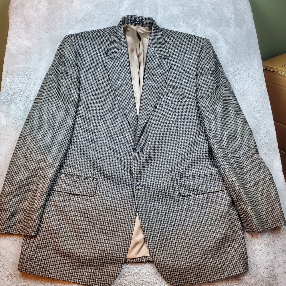 Chaps‎ Lambswool Sport Coat Mens 46L Houndstooth Two Button Blazer Jacket Grey
